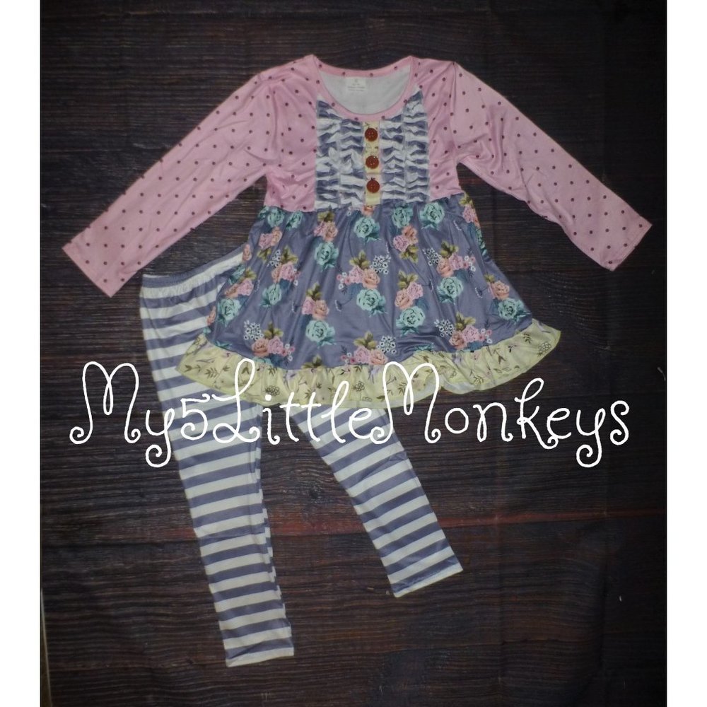 Boutique Floral Ruffle Tunic Dress & Leggings Girls Outfit Set